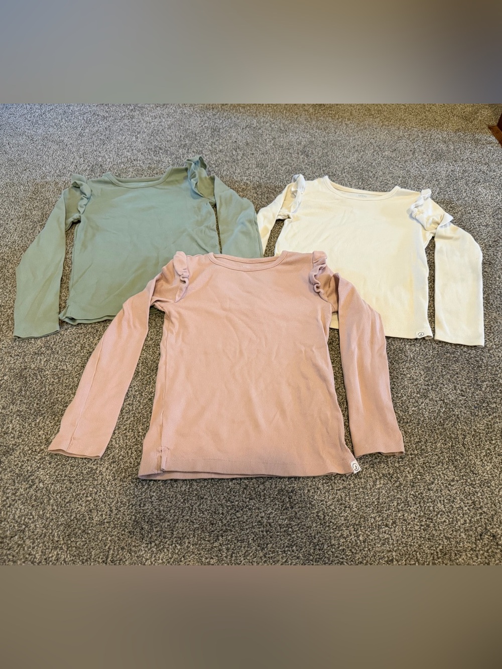 Lot of 3 Little Planet - Long-Sleeve Ruffle Shoulder Top - Pink, green, cream